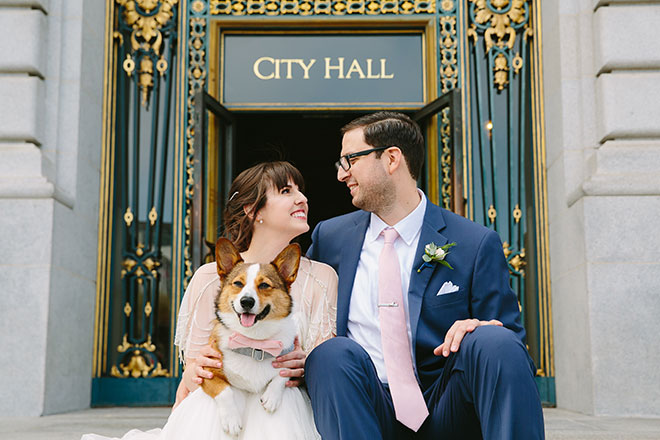 San Francisco wedding
photographer, bride and groom with their dog at San Francisco City Hall