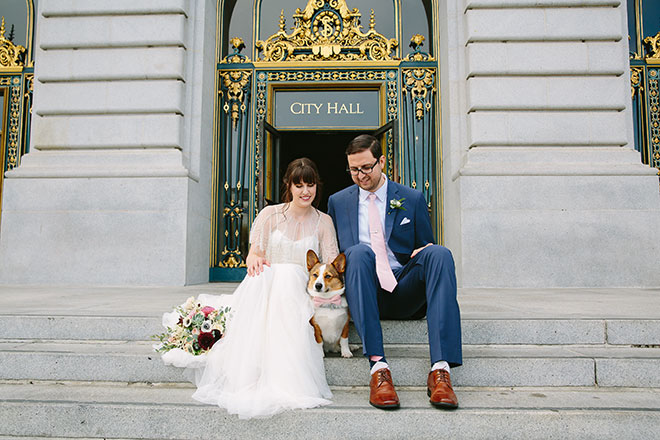 San Francisco wedding
photographer, bride and groom with their corgi dog at San Francisco City Hall