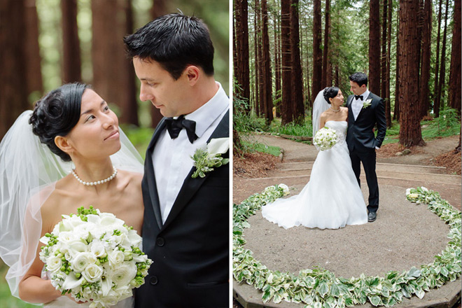 Bride and groom standing in Redwood Grove at their UC Berkeley Botanical Garden Wedding