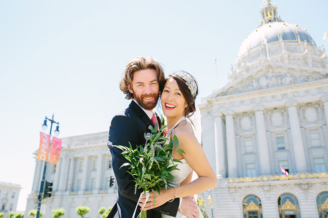 San Francisco City Hall wedding, Bride and groom standing outside