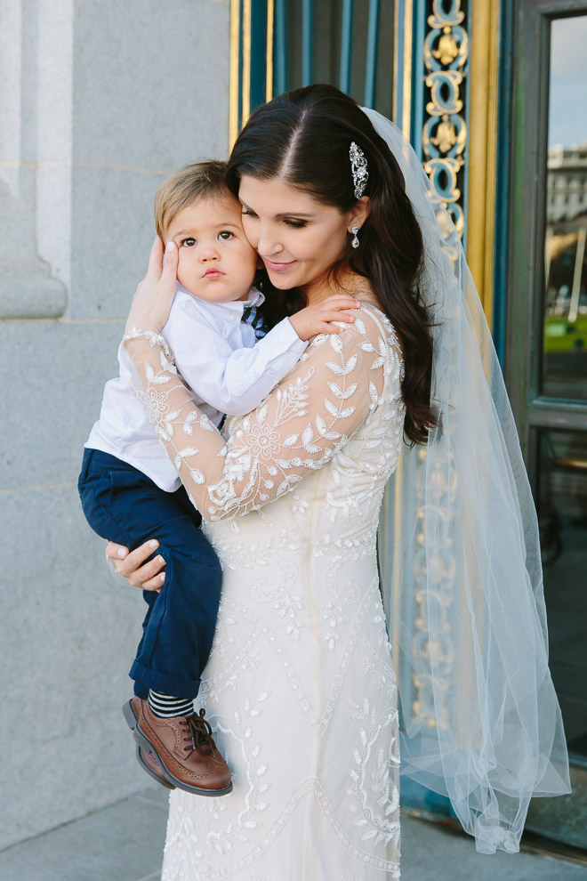 San Francisco wedding
photographer, bride with her son at San Francisco City Hall
